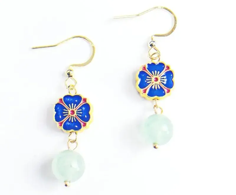 blue enamel light green jade gold earrings