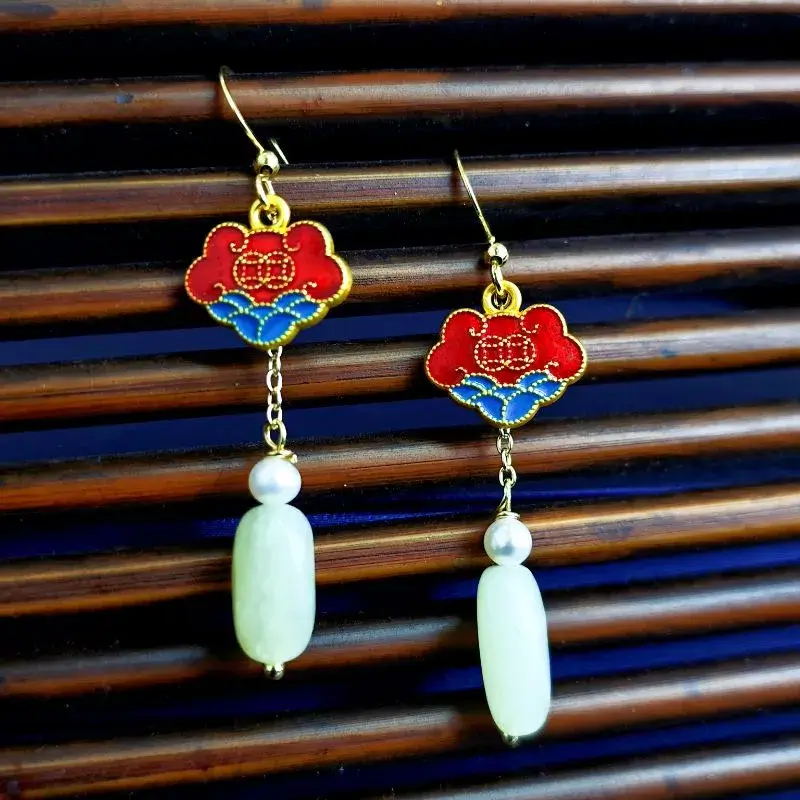 Cloisonné Jade Pearl Auspicious Clouds Earrings