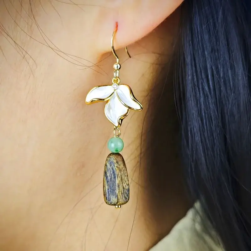 Jade Agarwood Cloisonne Floral Earrings