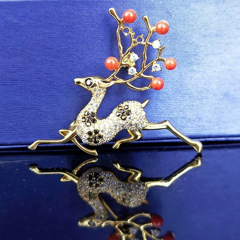 Red Coral Zircon Dear Brooch