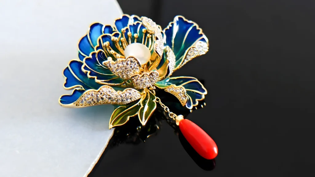 Cloisonné enamel peony brooch