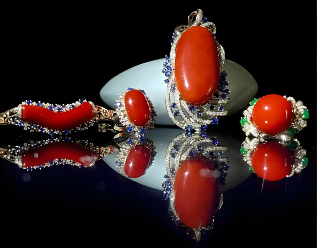 red coral zircon ring and brooch