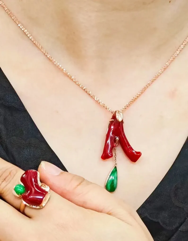 red coral jade gold necklace and ring