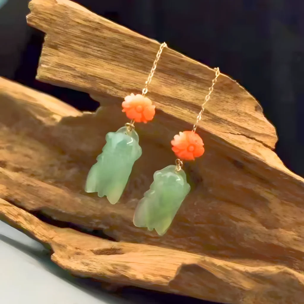 jade cicada red agate earrings