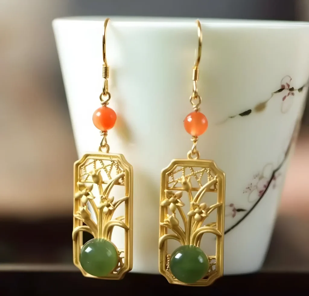 green jade red agate bamboo earrings