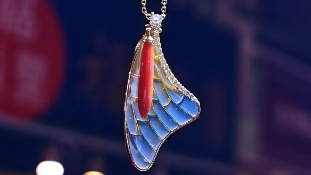 enamel red coral wing necklace