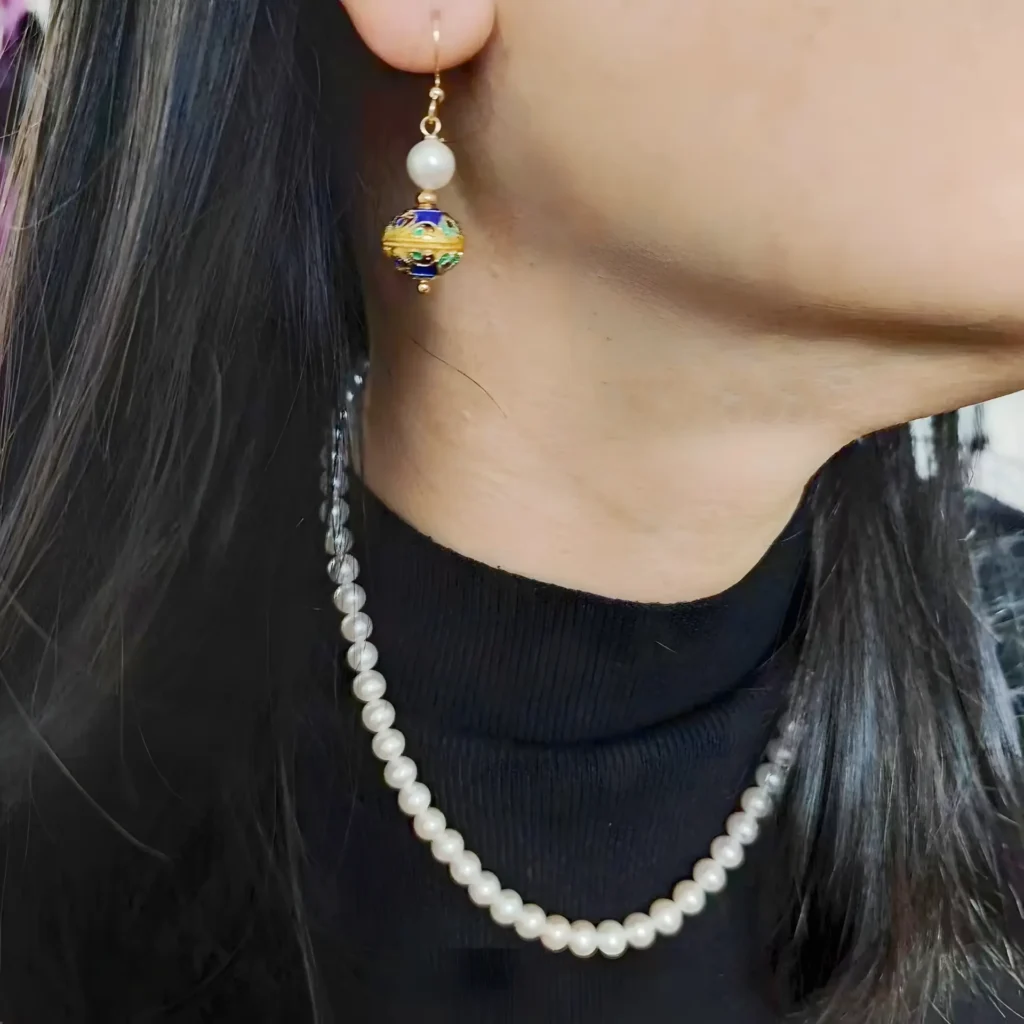 pearl necklace and cloisonne peral earrings