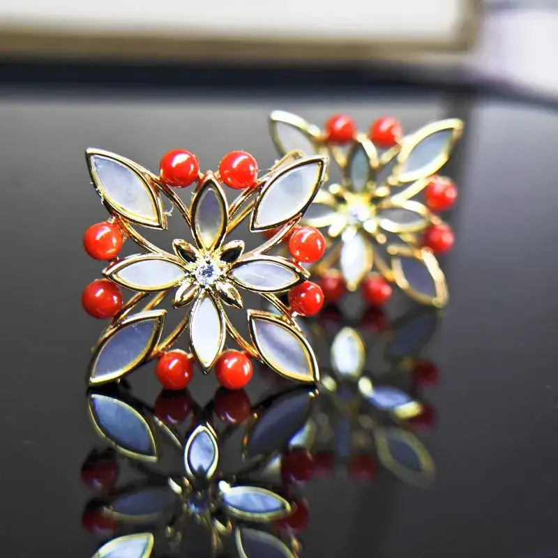 red coral flower brooch