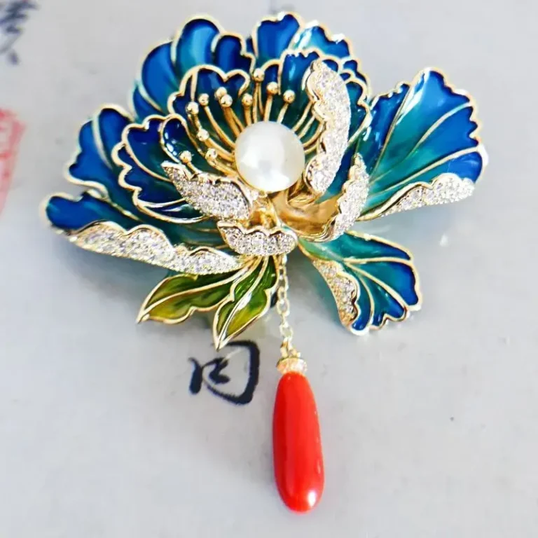 Enamel Pearl Red Agate Peony Brooch