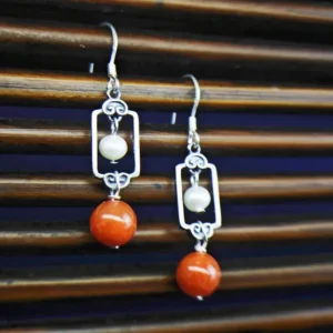 Red Agate Pearl Silver Auspicious Cloud Earrings