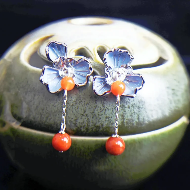 Red Agate Enamel Silver Floral Earrings