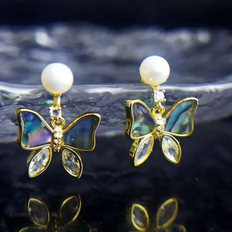 Pearl Zircon Cloisonne Butterfly Earrings