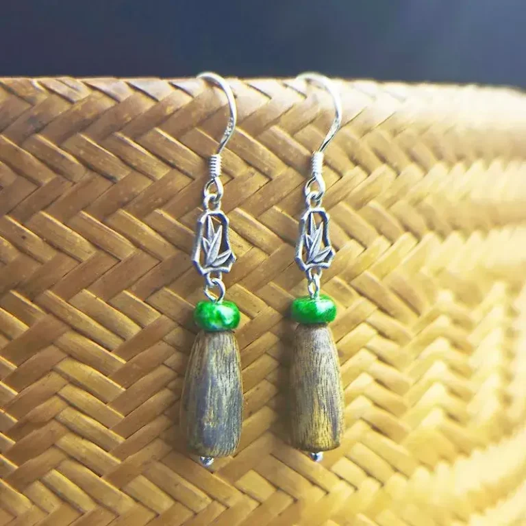 Jade Agarwood Silver Bamboo Leaf Earrings