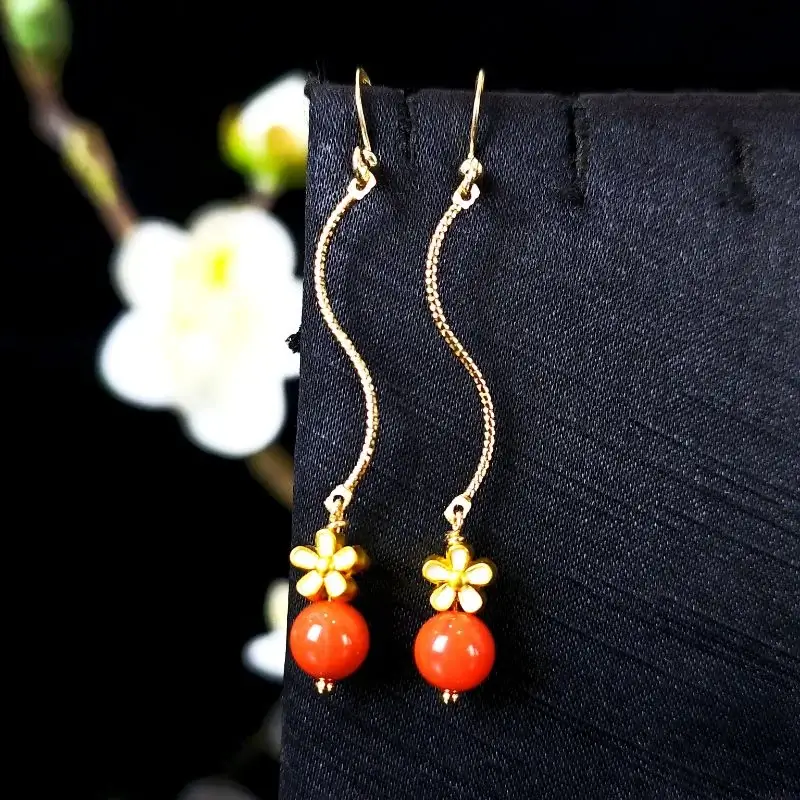 Red Agate Enamel Floral Earrings