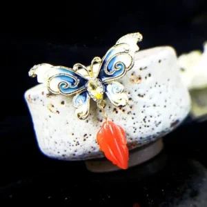 Red Agate Zircon Cloisonne Butterfly Brooch