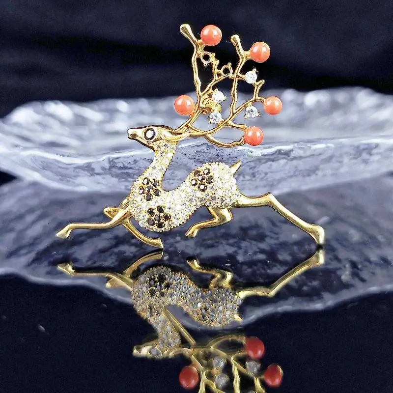 Red Coral Zircon Dear Brooch