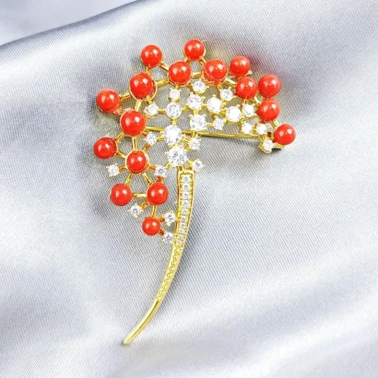 Red Coral Zircon Branch Brooch