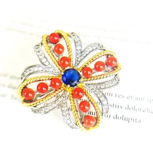 Red Coral Blue Zircon Floral Brooch