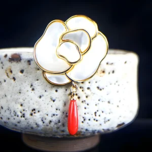 Red Coral Mother Of Pearl Floral Brooch